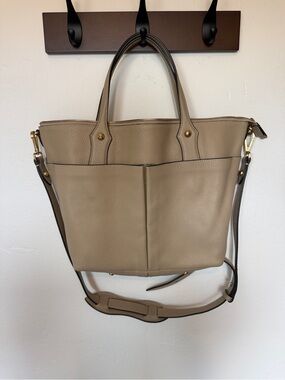 Annabel Ingall Classic Taupe Leather Tote Bag with Shoulder Strap